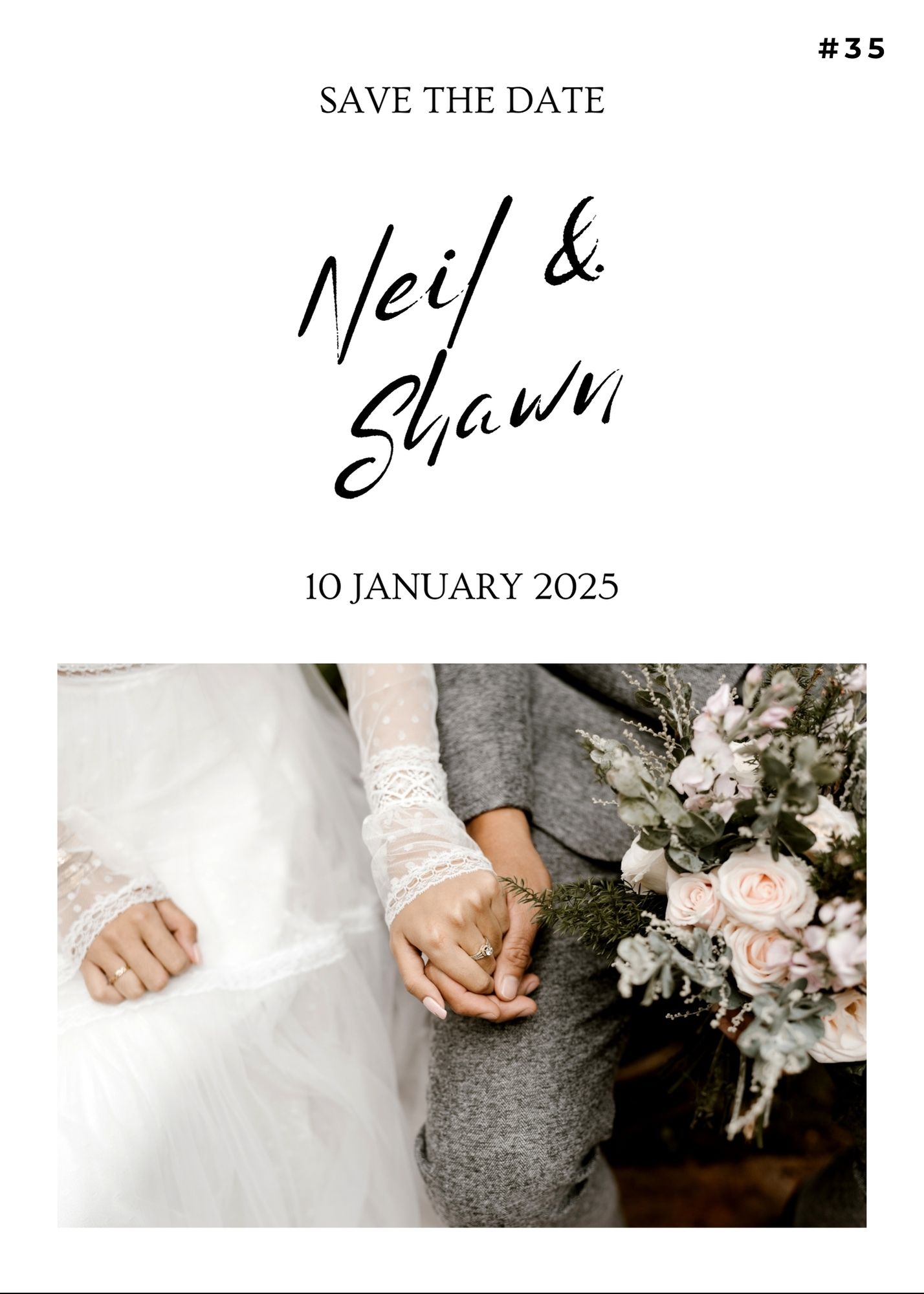 Minimalist wedding save the date with floral bouquet detail