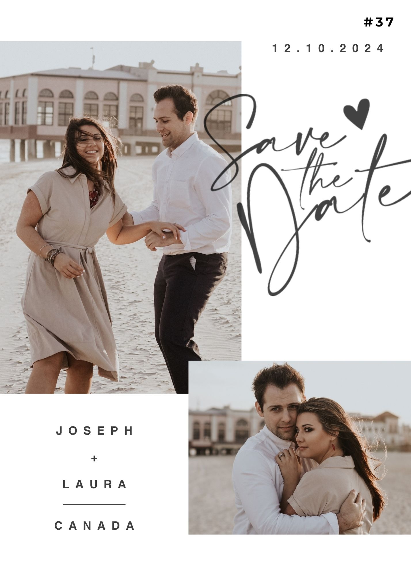 Fun casual wedding save the date with candid beach photos