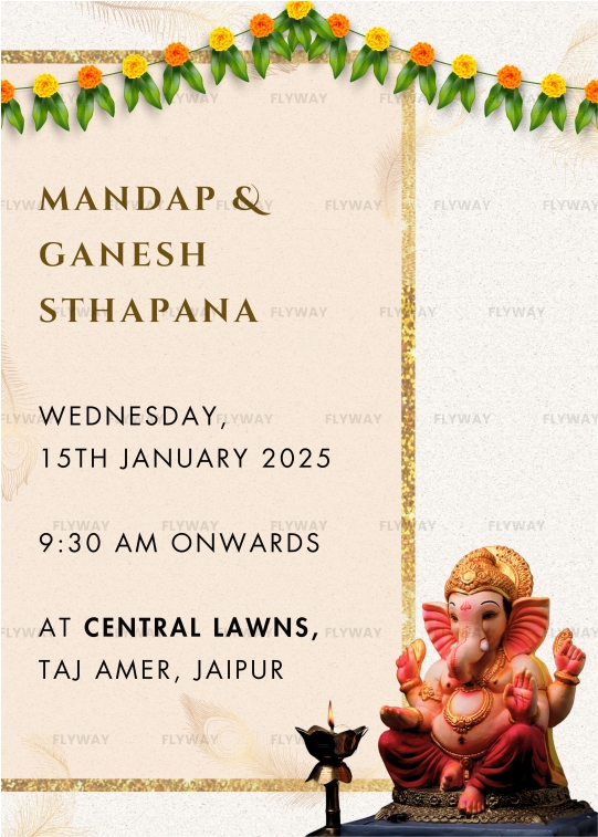 Mandap and Ganesh Sthapana card with floral garland and Ganesh idol