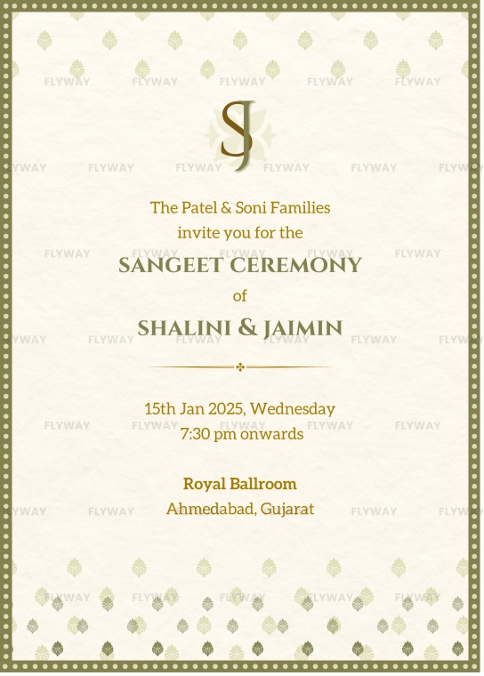 Sangeet ceremony card with evening wedding vibes and subtle design