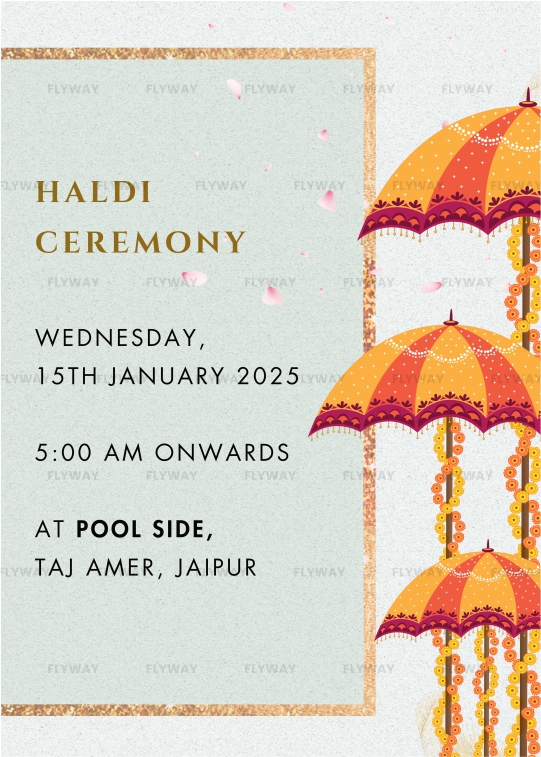 Vibrant Haldi ceremony invitation with decorative umbrellas