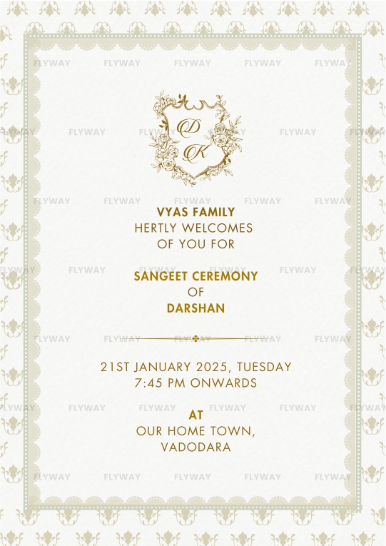 Sangeet function wedding card with soft Indian design patterns