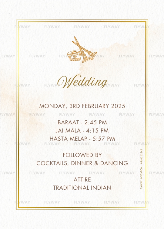 Indian wedding day card layout with instruments illustration and beige background
