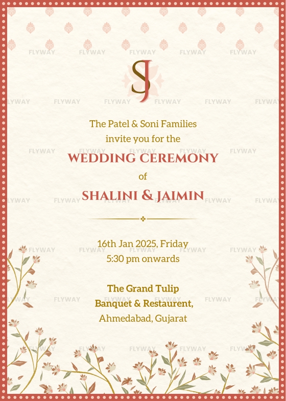 Wedding ceremony card with floral borders and modern-traditional design