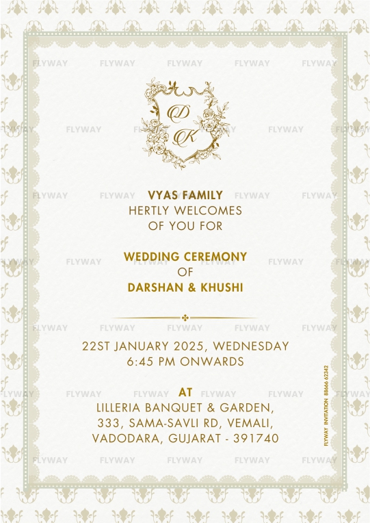 Luxurious banquet wedding invite with floral emblem and soft colors