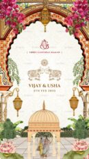 Traditional Indian invitation design with floral motifs and cultural artwork