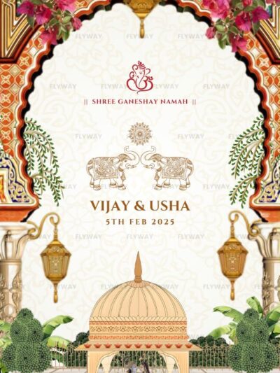 Traditional Indian invitation design with floral motifs and cultural artwork