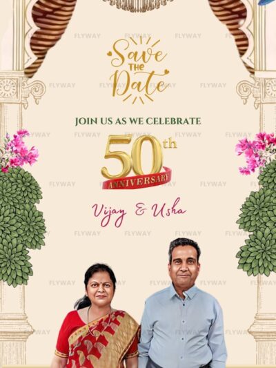Indian golden jubilee anniversary couple portrait with royal background