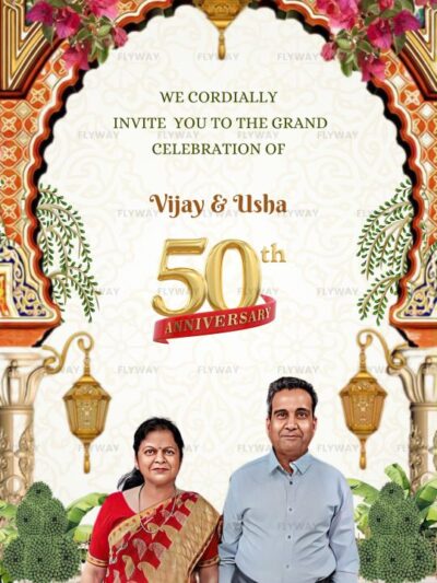 Grand anniversary celebration invite with traditional decor elements