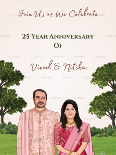 Illustrated couple in matching traditional pink outfits on a lawn backdrop