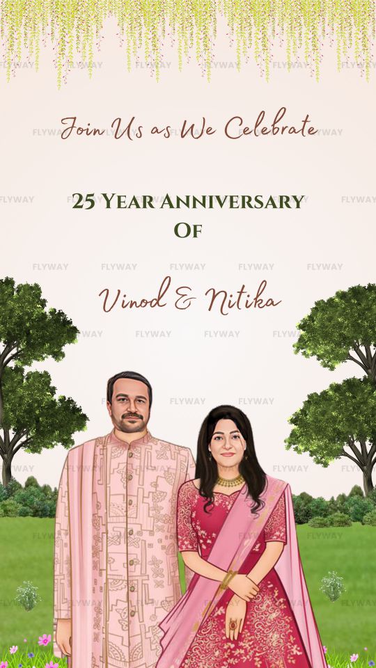 Illustrated couple in matching traditional pink outfits on a lawn backdrop