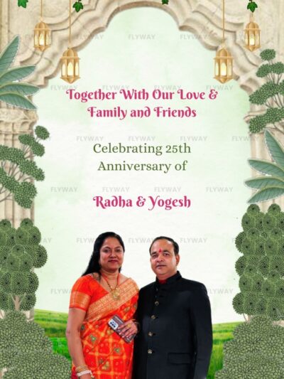 Indian couple anniversary celebration with temple garden theme