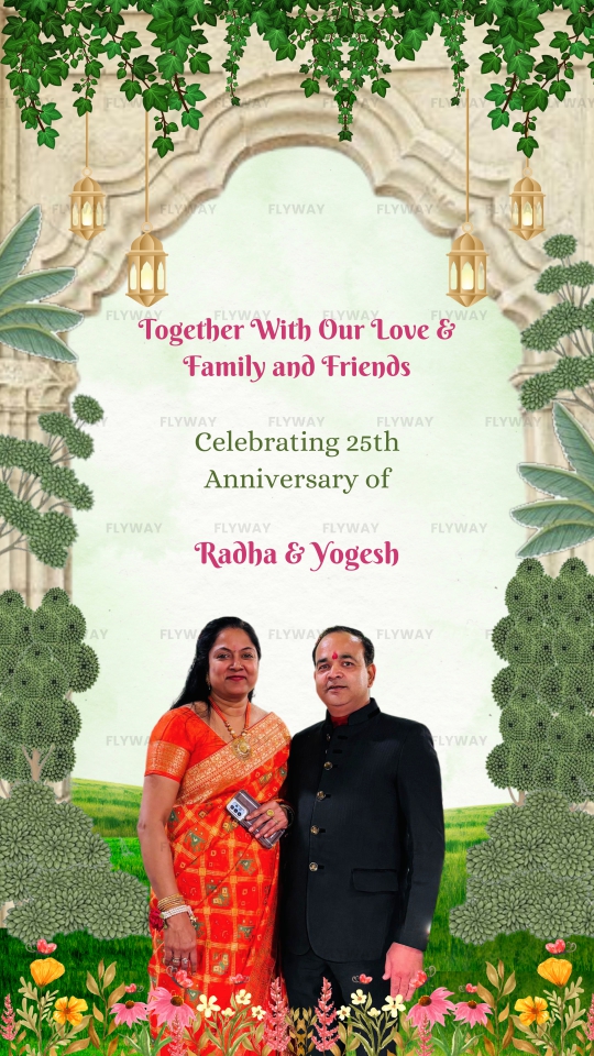 Indian couple anniversary celebration with temple garden theme