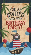 Pirate-themed birthday party invitation with a ship, balloons, and palm trees.