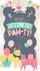 Cute cat-themed birthday party invitation design with playful cats, balloons, and party decorations.