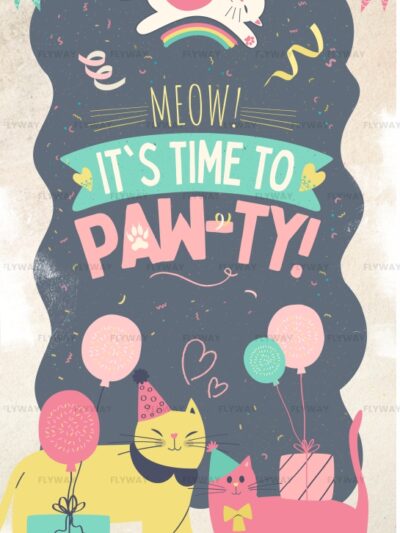 Cute cat-themed birthday party invitation design with playful cats, balloons, and party decorations.
