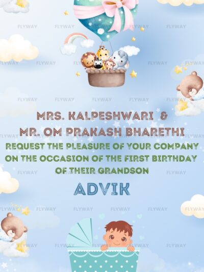 Cute pastel-themed first birthday invitation featuring baby Advik in a stroller, hot air balloon with animals, and clouds.