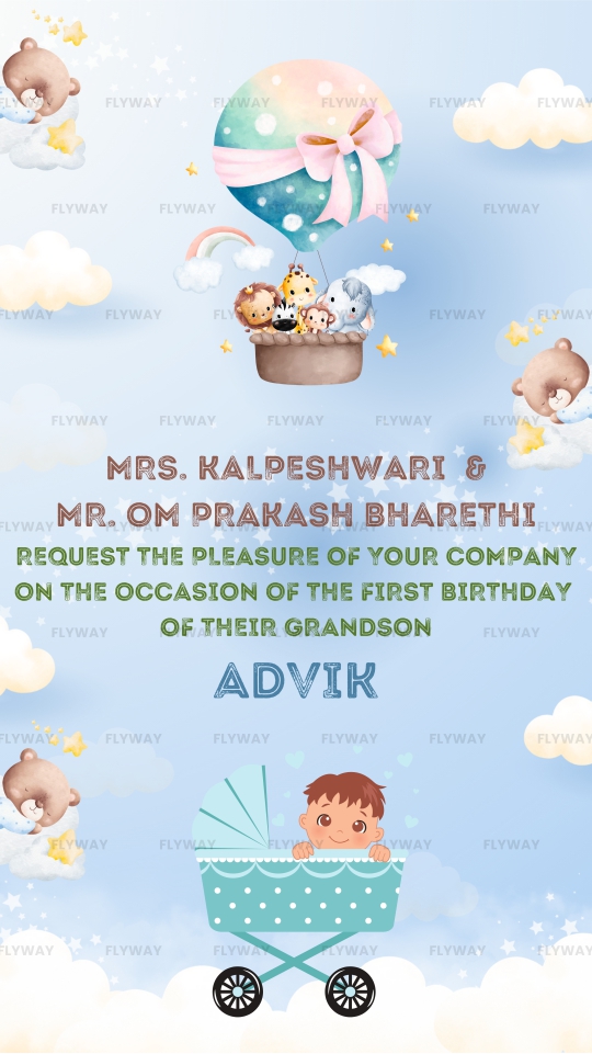 Cute pastel-themed first birthday invitation featuring baby Advik in a stroller, hot air balloon with animals, and clouds.