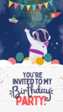 Astronaut reaching towards space with planets and balloons