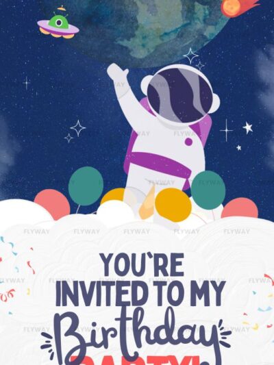 Astronaut reaching towards space with planets and balloons