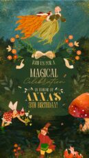 Magical fairy forest birthday invitation with whimsical flying fairies and mushrooms