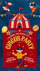 Circus birthday party invitation with playful clown and circus tent
