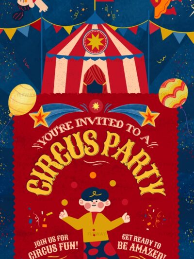 Circus birthday party invitation with playful clown and circus tent