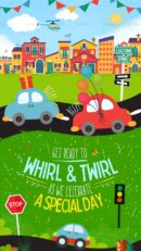 Colorful car-themed birthday invitation with balloons and road signs