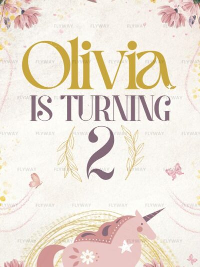Birthday card with Olivia’s name, age 2, pastel unicorn, and floral decorations.