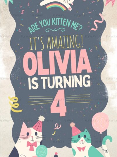 Cute cat birthday invitation with colorful kittens celebrating Olivia’s 4th birthday.