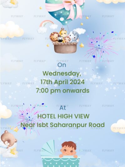 First birthday party invitation with baby Advik, pastel hot air balloon, animals, and venue details.