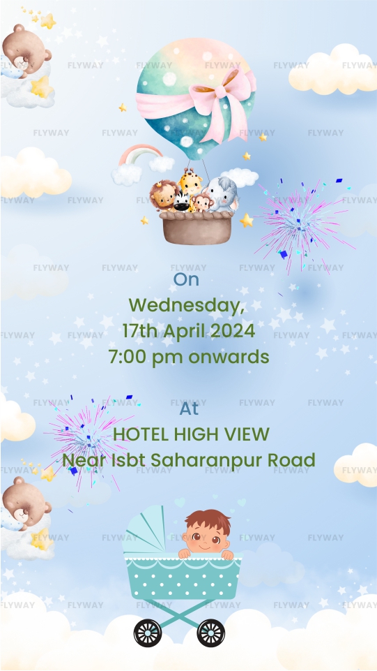 First birthday party invitation with baby Advik, pastel hot air balloon, animals, and venue details.