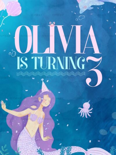 Mermaid party theme showing a girl turning three with aquatic decor