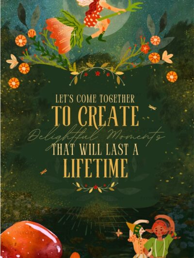 Fantasy-inspired birthday invite with fairies, flowers, and romantic forest background