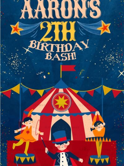 Circus-themed birthday bash invite with performers and big top tent