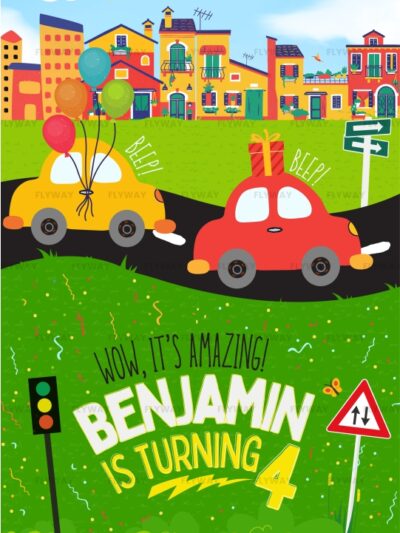 Playful car-themed birthday card with vibrant town background