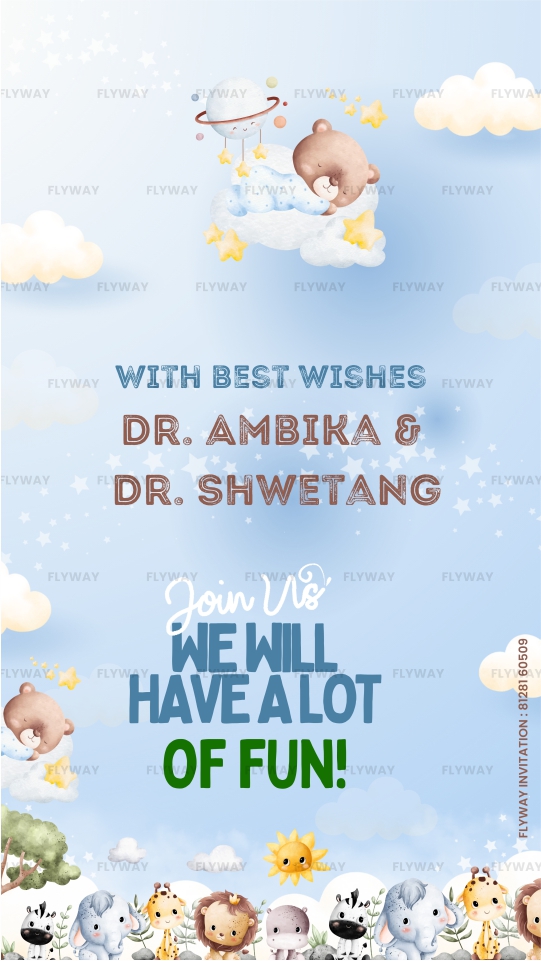 Pastel animal-themed first birthday card with best wishes, clouds, and cute forest animals. Title: Pastel Animal Theme First Birthday Invitation Card