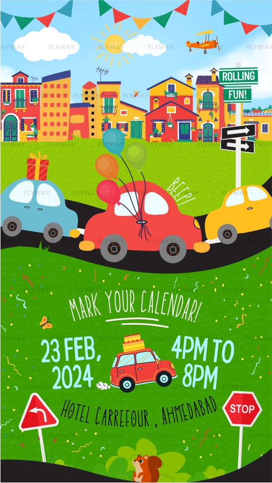 Whimsical driving party invitation with colorful cars and gift boxes