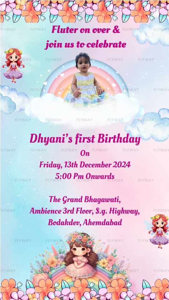 Rainbow and cloud fantasy invitation with baby girl photo