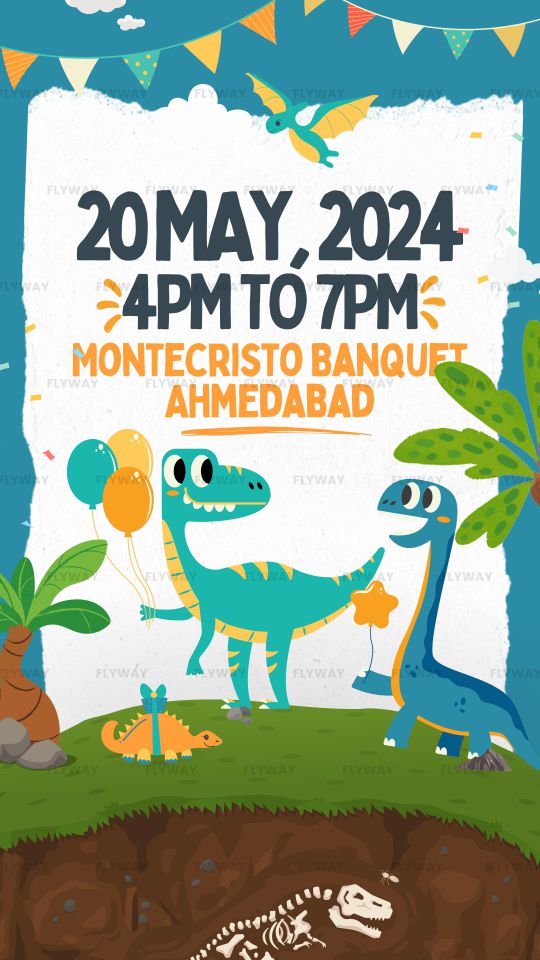 Colorful dinosaur party time details card