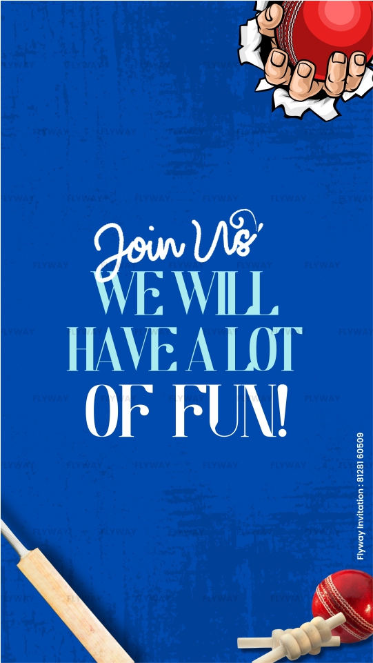 Blue background with cricket bat and ball and party fun text