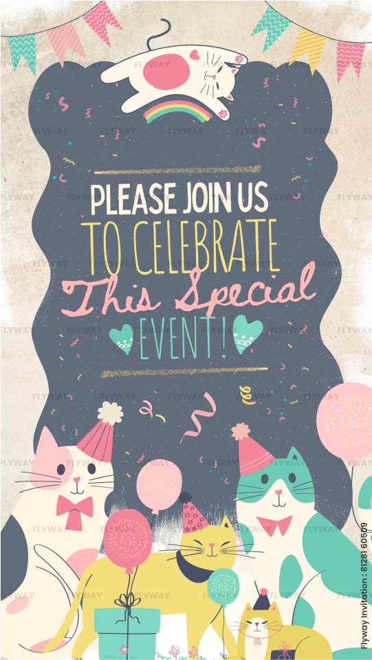 Cat-themed birthday invitation with kittens, balloons, and festive decorations.