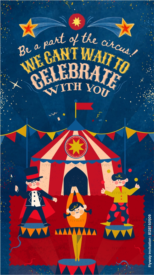 Circus celebration invitation with acrobats and ringmaster in front of tent
