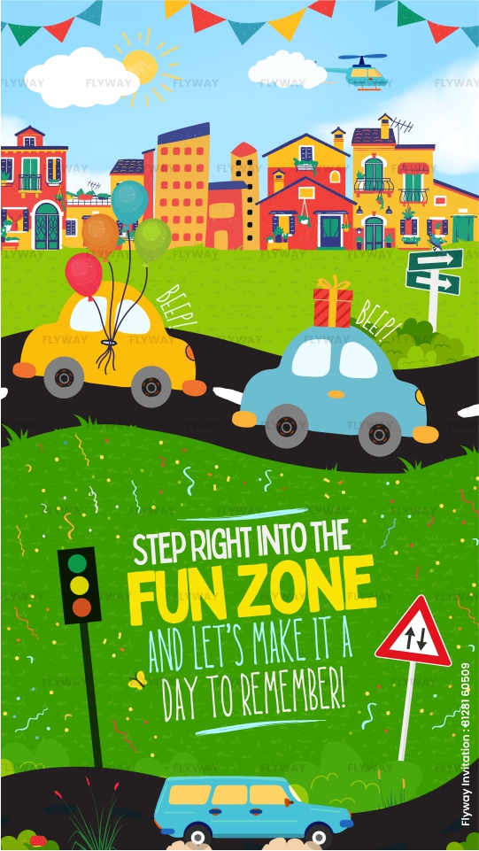Kids’ car party invitation with fun traffic signs and vehicles