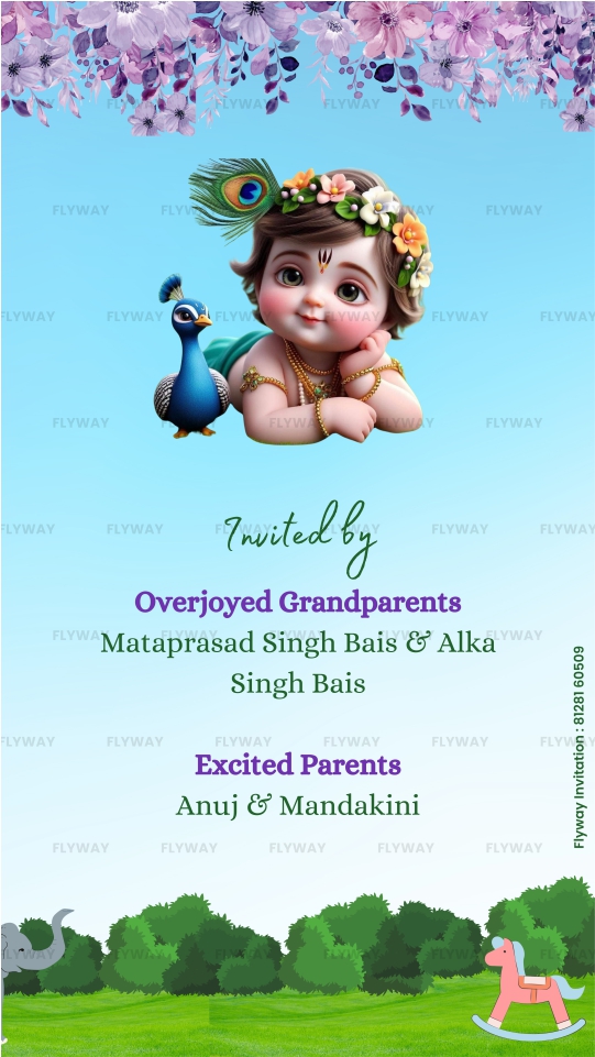 Baby Krishna lying with peacock, floral invite