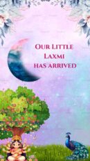 Little Laxmi gender reveal announcement with a Krishna-inspired theme.