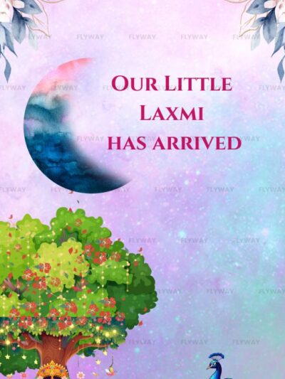 Little Laxmi gender reveal announcement with a Krishna-inspired theme.