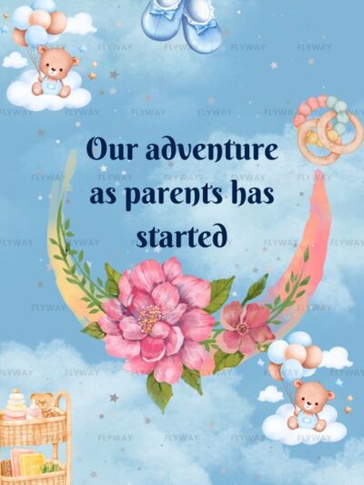 Baby shoes and playful teddy bear in the sky