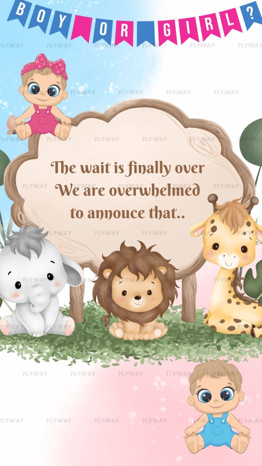 Gender reveal announcement with animals and excitement.