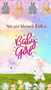 Baby girl announcement with animals and sparkles